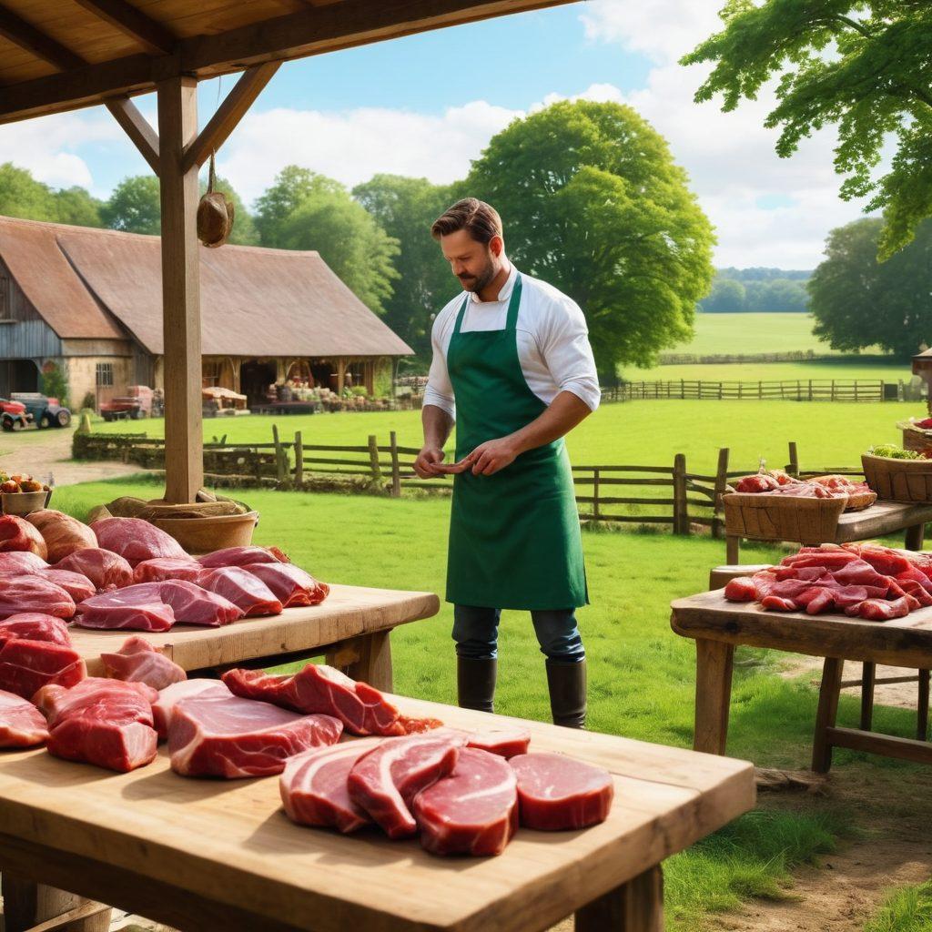 A serene farm scene showcasing a sustainable butchery practice, with a skilled butcher working with fresh, locally sourced meats. Include vibrant green fields, grazing animals, and a rustic wooden butchery shop in the background. Emphasize the connection between farm and table with fresh produce nearby and customers enjoying a farm-to-table meal. Captivating warmth and harmony in colors. super-realistic. vibrant colors. 3D.