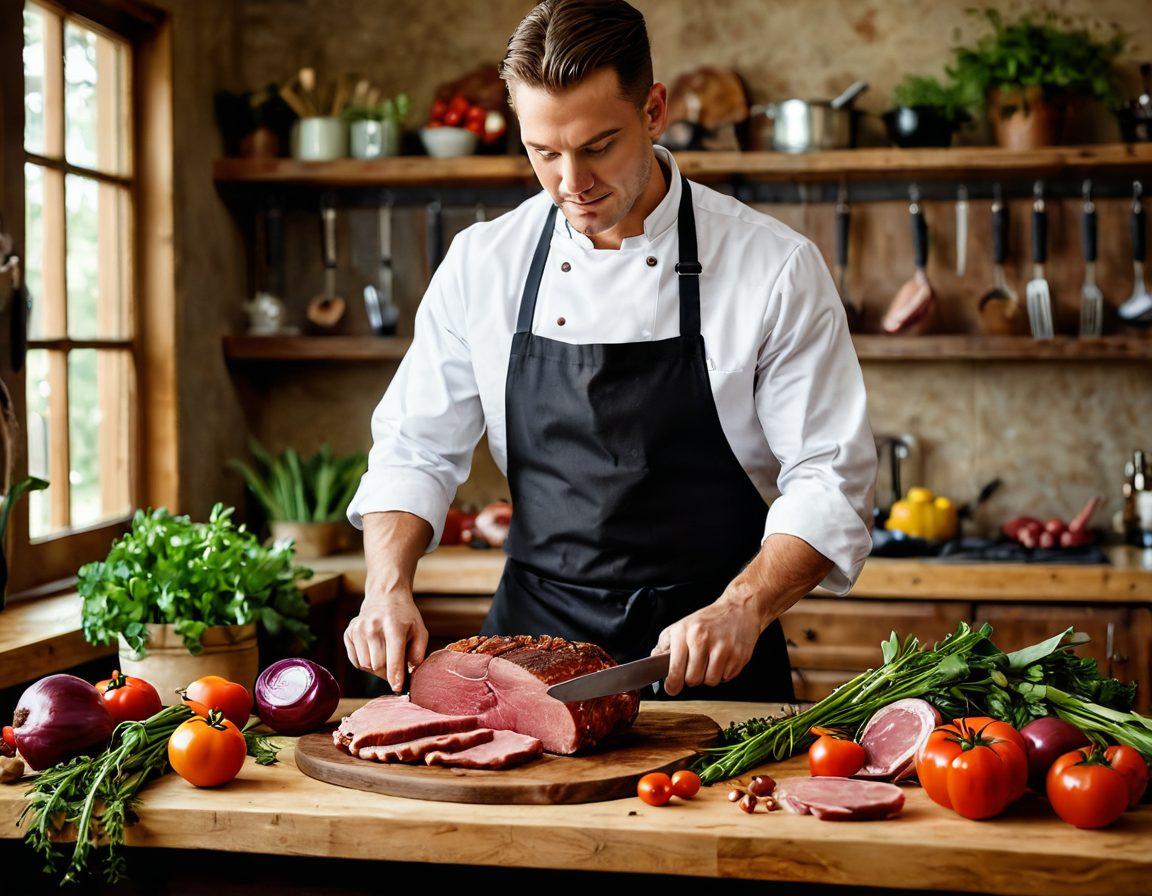 A skilled butcher artfully slicing premium cuts of meat in a rustic kitchen, surrounded by fresh herbs and vegetables. A wooden butcher block, gleaming knives, and an array of gourmet meat options showcase the mastery of butchery. Warm, inviting lighting highlights the textures of the meat and ingredients, making it feel both rustic and elegant. super-realistic. vibrant colors. natural lighting.