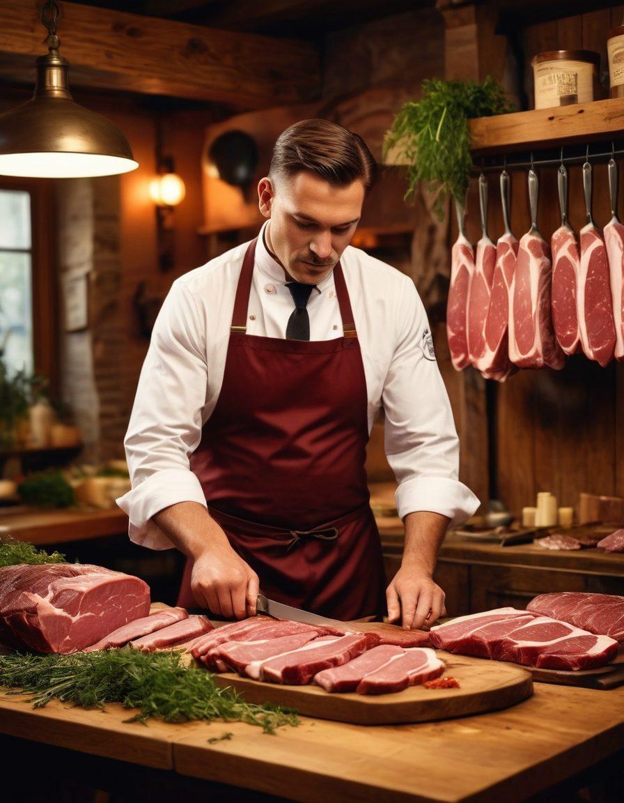 A beautifully arranged butchery scene featuring a skilled butcher in a rustic shop, showcasing various cuts of meat on wooden display tables, surrounded by sharp knives and fresh herbs. The atmosphere is warm and inviting, with soft lighting illuminating the butcher's focused expression as he demonstrates a cutting technique. Include textures like wood grain and meat marbling for detail, evoking a sense of craftsmanship and passion for food. super-realistic. warm colors. atmospheric lighting.